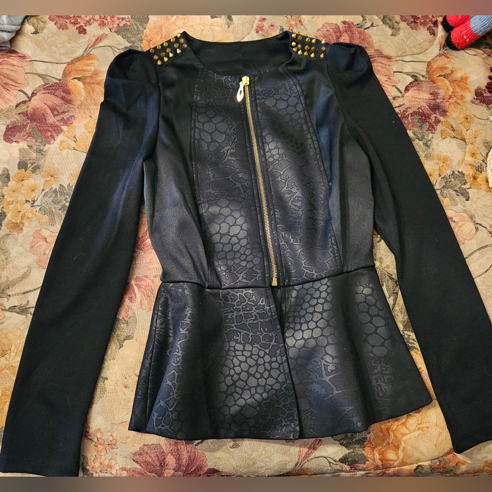 Black Peplum Jacket with Gold Accents